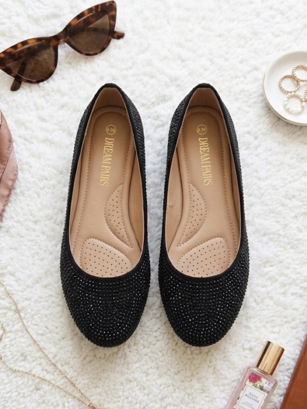 Black Crystal-Embellished Women's Flats